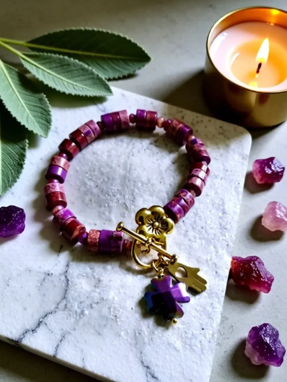 Luck & Blessings! Pink Mauve & Purple Hues Sea Sediment Jasper Stretch Bracelet